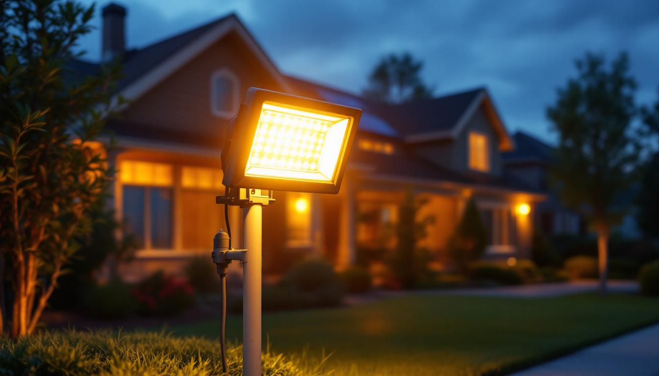 A photograph of a solar flood light installation in a residential or commercial setting