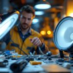 A photograph of a lighting contractor examining a 400-watt metal halide fixture alongside a modern led replacement