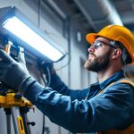 A photograph of a lighting contractor expertly installing or inspecting an emergency light ballast in a commercial setting