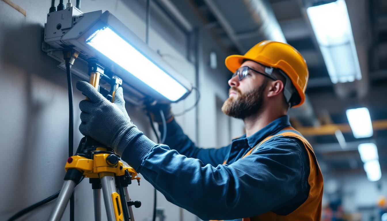 A photograph of a lighting contractor expertly installing or inspecting an emergency light ballast in a commercial setting