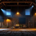A photograph of a well-lit barn interior showcasing solar-powered lighting fixtures