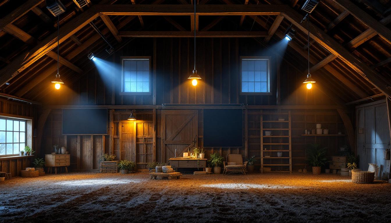 A photograph of a well-lit barn interior showcasing solar-powered lighting fixtures