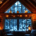 A photograph of a cozy rustic cabin interior showcasing warm