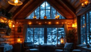 A photograph of a cozy rustic cabin interior showcasing warm
