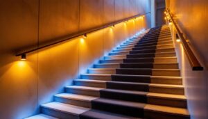 A photograph of a beautifully designed staircase illuminated by stylish