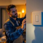 A photograph of a lighting contractor installing a 4-way led dimmer switch in a modern home setting