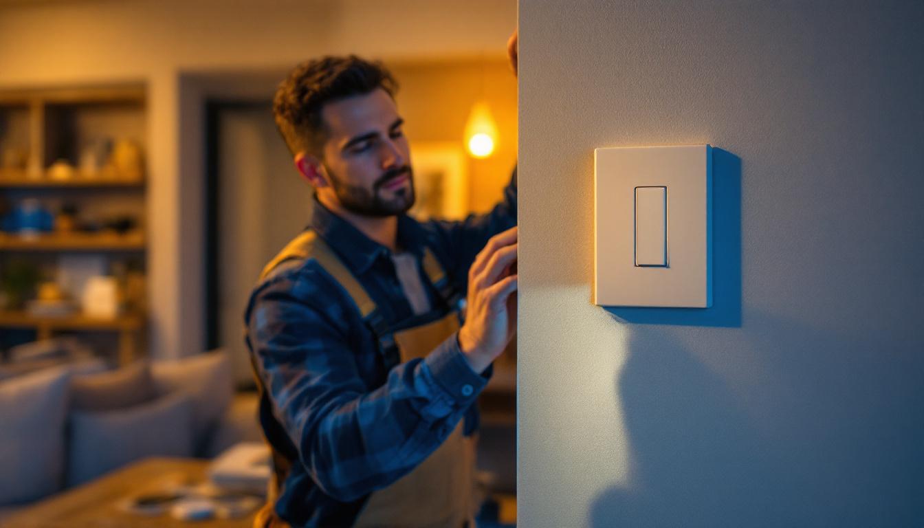 A photograph of a lighting contractor installing a 4-way led dimmer switch in a modern home setting