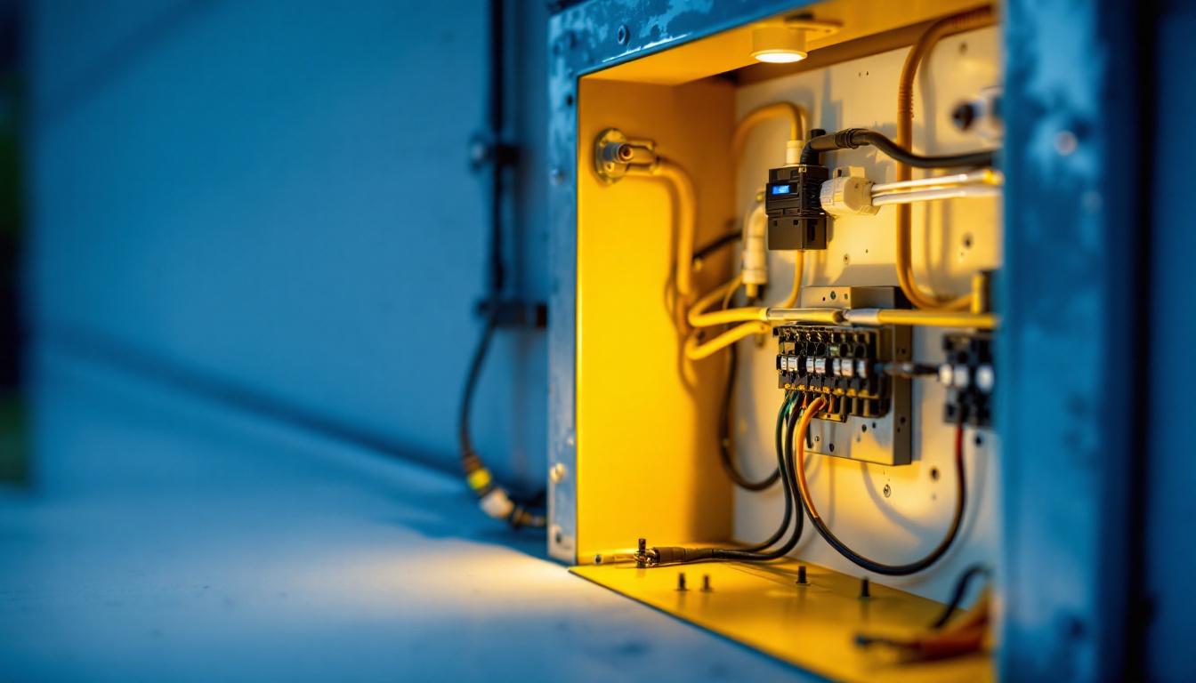 A photograph of a well-organized outdoor lighting installation featuring a shallow electrical box