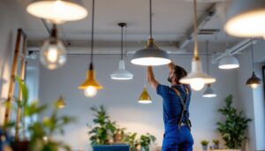 A photograph of a well-lit workspace featuring a variety of stylish ceiling lights
