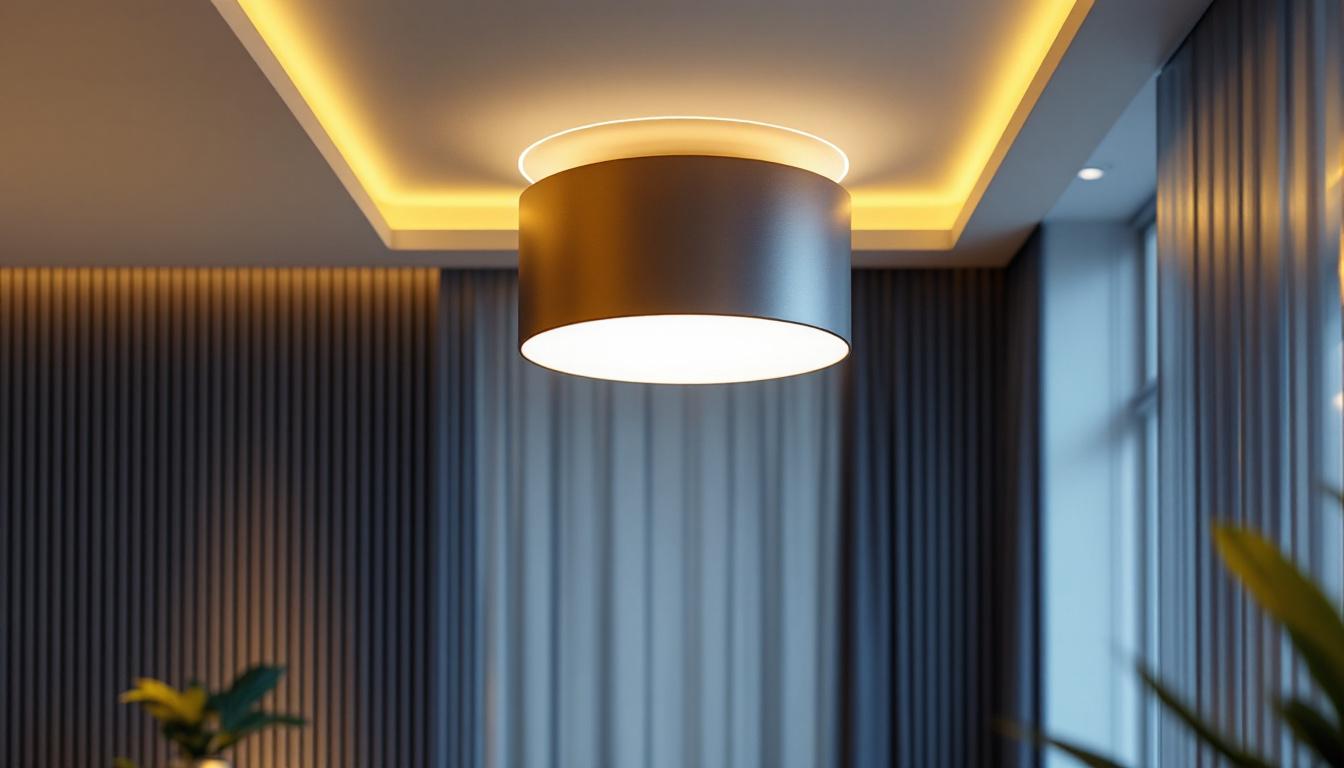 A photograph of a stylish cylinder flush mount light installed in a modern interior setting