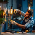 A photograph of capture a photograph of a lighting contractor skillfully retrofitting a vintage light fixture in a stylish interior setting