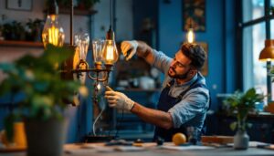 A photograph of capture a photograph of a lighting contractor skillfully retrofitting a vintage light fixture in a stylish interior setting