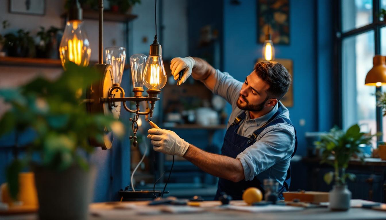 A photograph of capture a photograph of a lighting contractor skillfully retrofitting a vintage light fixture in a stylish interior setting