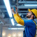 A photograph of a lighting contractor expertly installing or adjusting modern fluorescent lights in a well-lit
