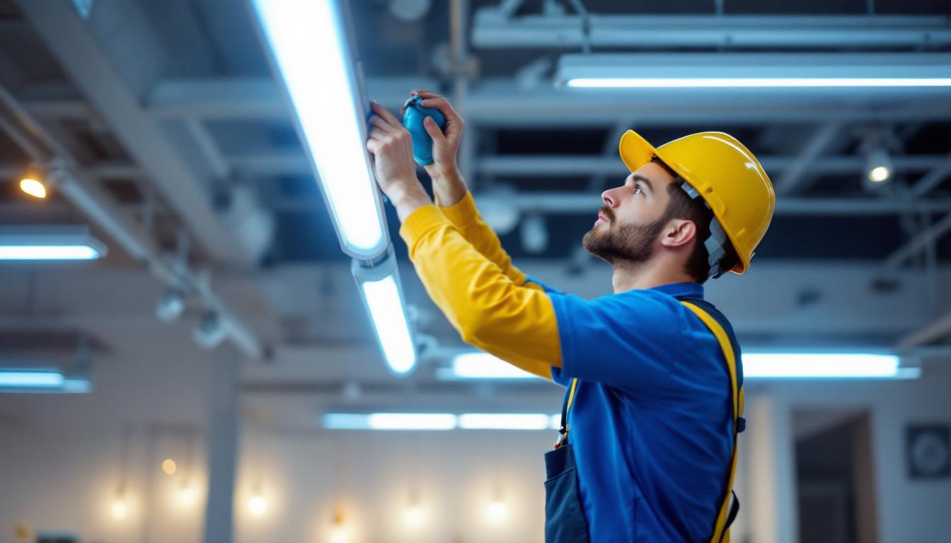 A photograph of a lighting contractor expertly installing or adjusting modern fluorescent lights in a well-lit
