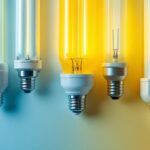 A photograph of a close-up of various types of fluorescent bulb ends displayed together on a clean