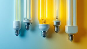 A photograph of a close-up of various types of fluorescent bulb ends displayed together on a clean