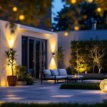 A photograph of a beautifully illuminated outdoor space featuring a variety of stylish outdoor lighting fixtures in use