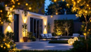 A photograph of a beautifully illuminated outdoor space featuring a variety of stylish outdoor lighting fixtures in use
