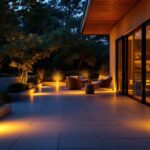 A photograph of a beautifully lit outdoor space showcasing recessed led lights integrated into a patio or garden setting