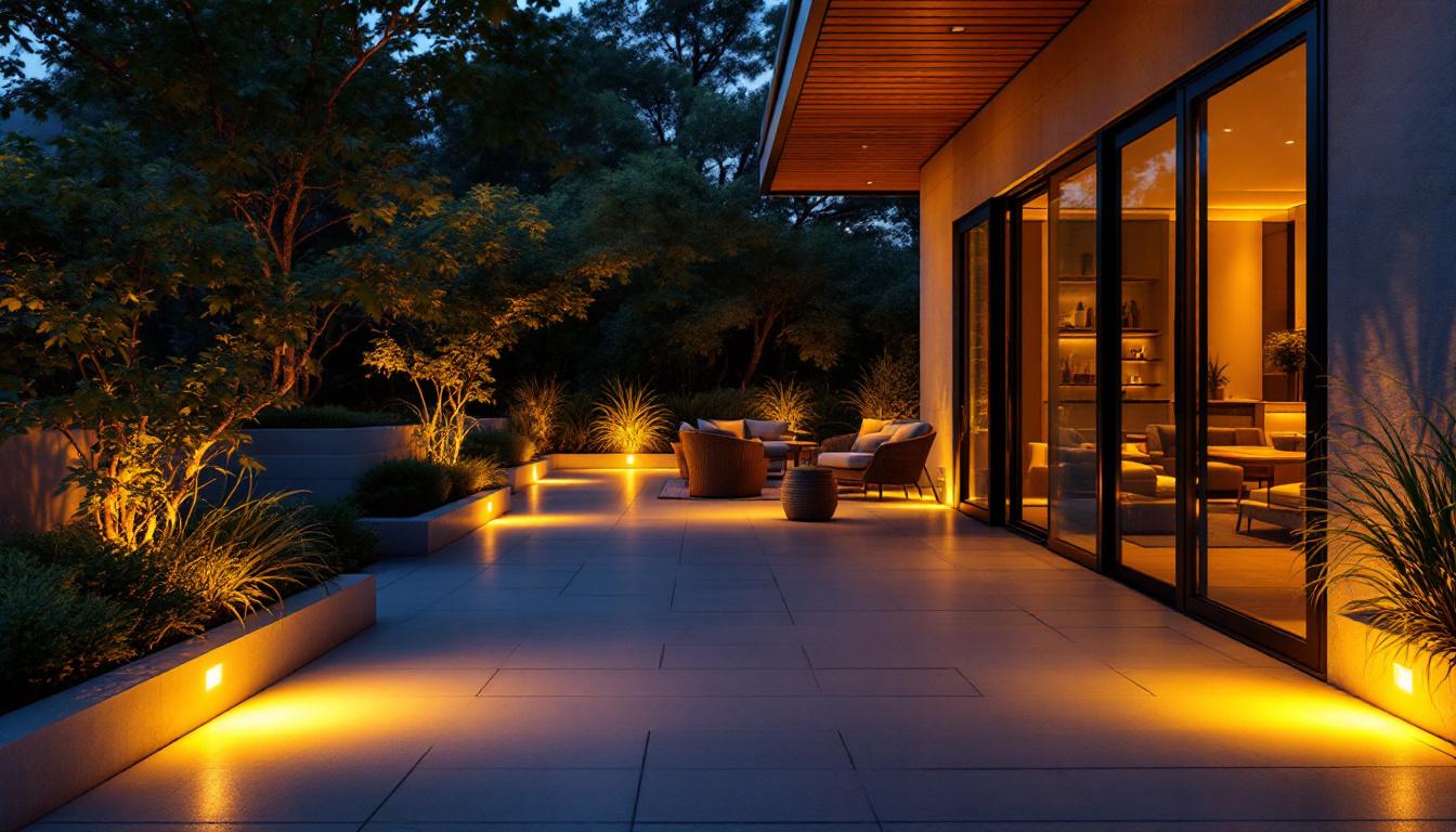 A photograph of a beautifully lit outdoor space showcasing recessed led lights integrated into a patio or garden setting