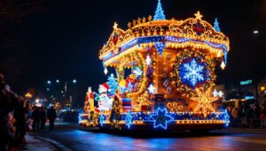 A photograph of a beautifully illuminated parade float featuring festive holiday decorations