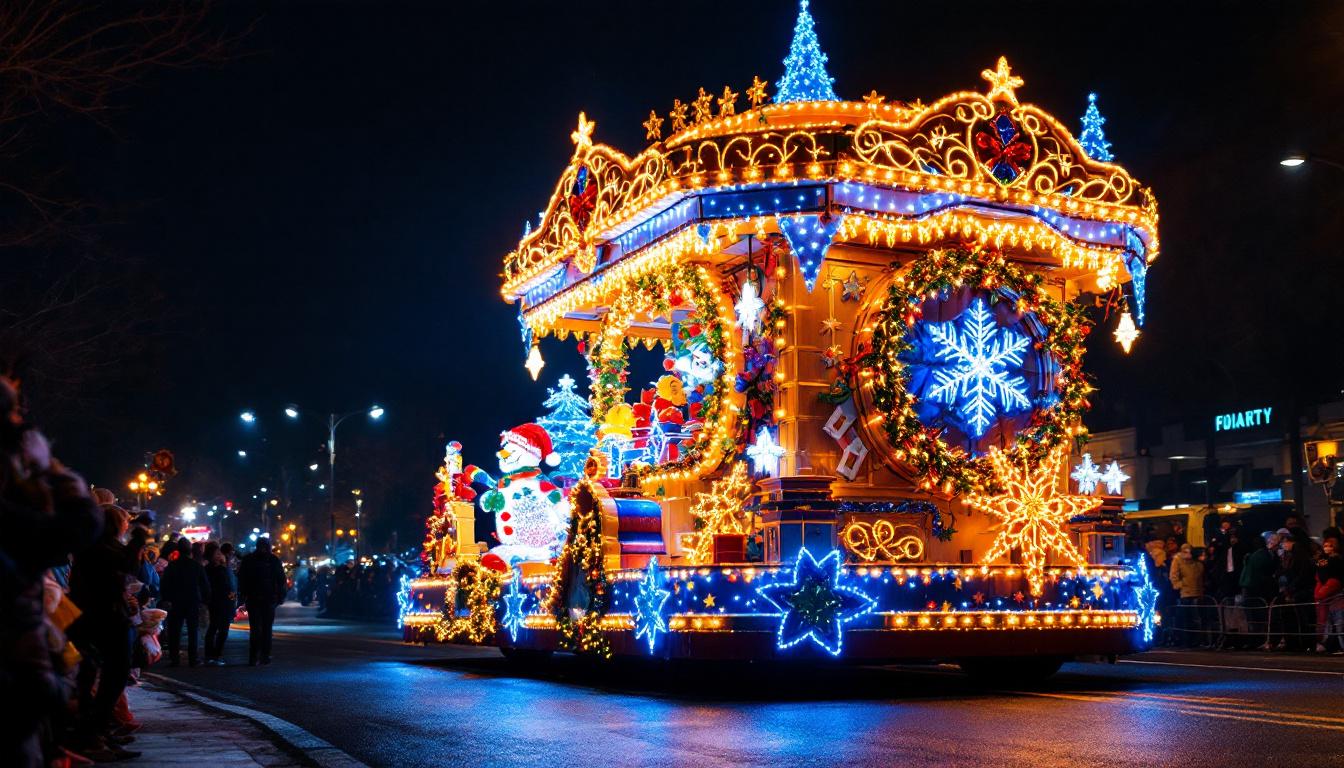 A photograph of a beautifully illuminated parade float featuring festive holiday decorations