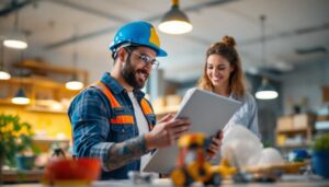 A photograph of a skilled lighting contractor examining a well-lit workspace