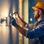 A photograph of a lighting contractor expertly installing type g bulbs in a modern residential setting