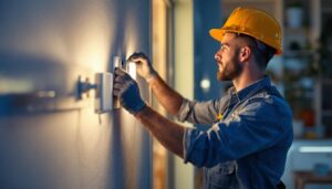 A photograph of a lighting contractor expertly installing type g bulbs in a modern residential setting