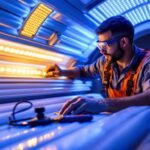 A photograph of a skilled lighting contractor carefully replacing a tanning bed bulb