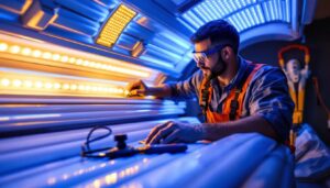 A photograph of a skilled lighting contractor carefully replacing a tanning bed bulb