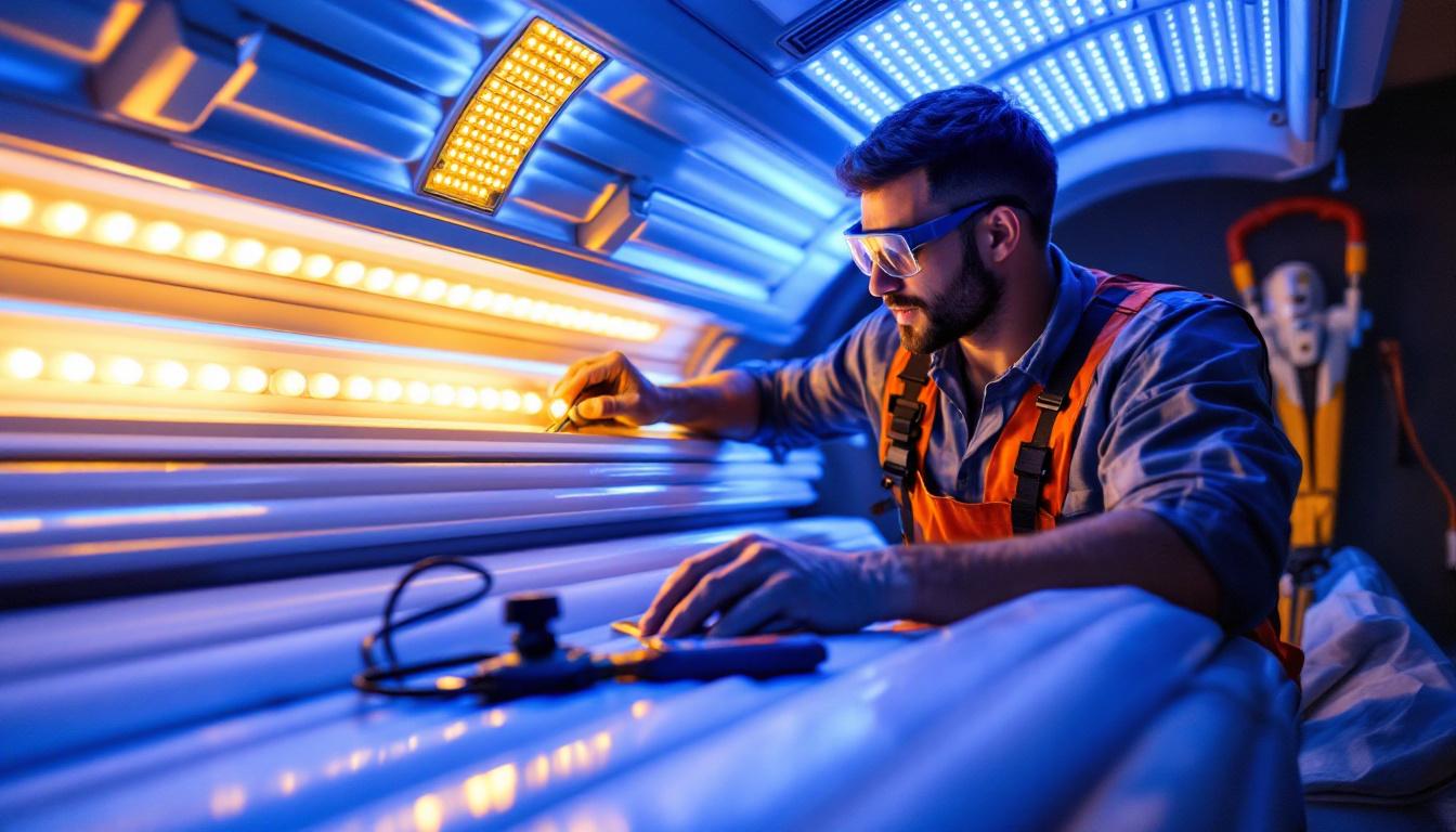 A photograph of a skilled lighting contractor carefully replacing a tanning bed bulb