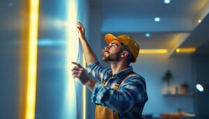 A photograph of a lighting contractor skillfully installing flexible led tape light in a modern interior setting