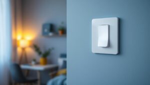 A photograph of a modern smart house light switch in a stylishly designed interior setting