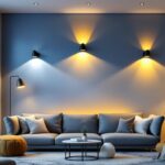 A photograph of a well-lit interior space featuring stylish wall mountable lights in various settings