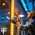 A photograph of a lighting contractor expertly installing or showcasing 30 ft led lights in a commercial or residential setting