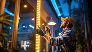 A photograph of a lighting contractor expertly installing or showcasing 30 ft led lights in a commercial or residential setting