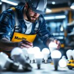 A photograph of a lighting contractor examining various maxlite light bulbs in a well-lit workspace