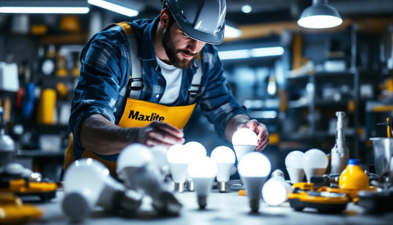 A photograph of a lighting contractor examining various maxlite light bulbs in a well-lit workspace