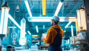 A photograph of a well-lit workspace featuring a variety of 8-foot fluorescent bulbs in different styles and colors