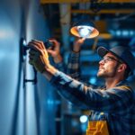 A photograph of a lighting contractor expertly installing or adjusting modern
