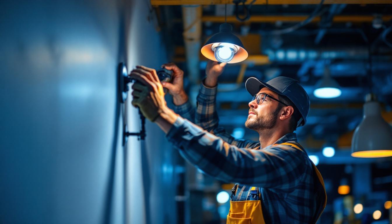 A photograph of a lighting contractor expertly installing or adjusting modern