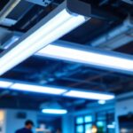 A photograph of a well-lit workspace featuring a fluorescent tube diffuser installed in a ceiling fixture