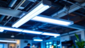 A photograph of a well-lit workspace featuring a fluorescent tube diffuser installed in a ceiling fixture