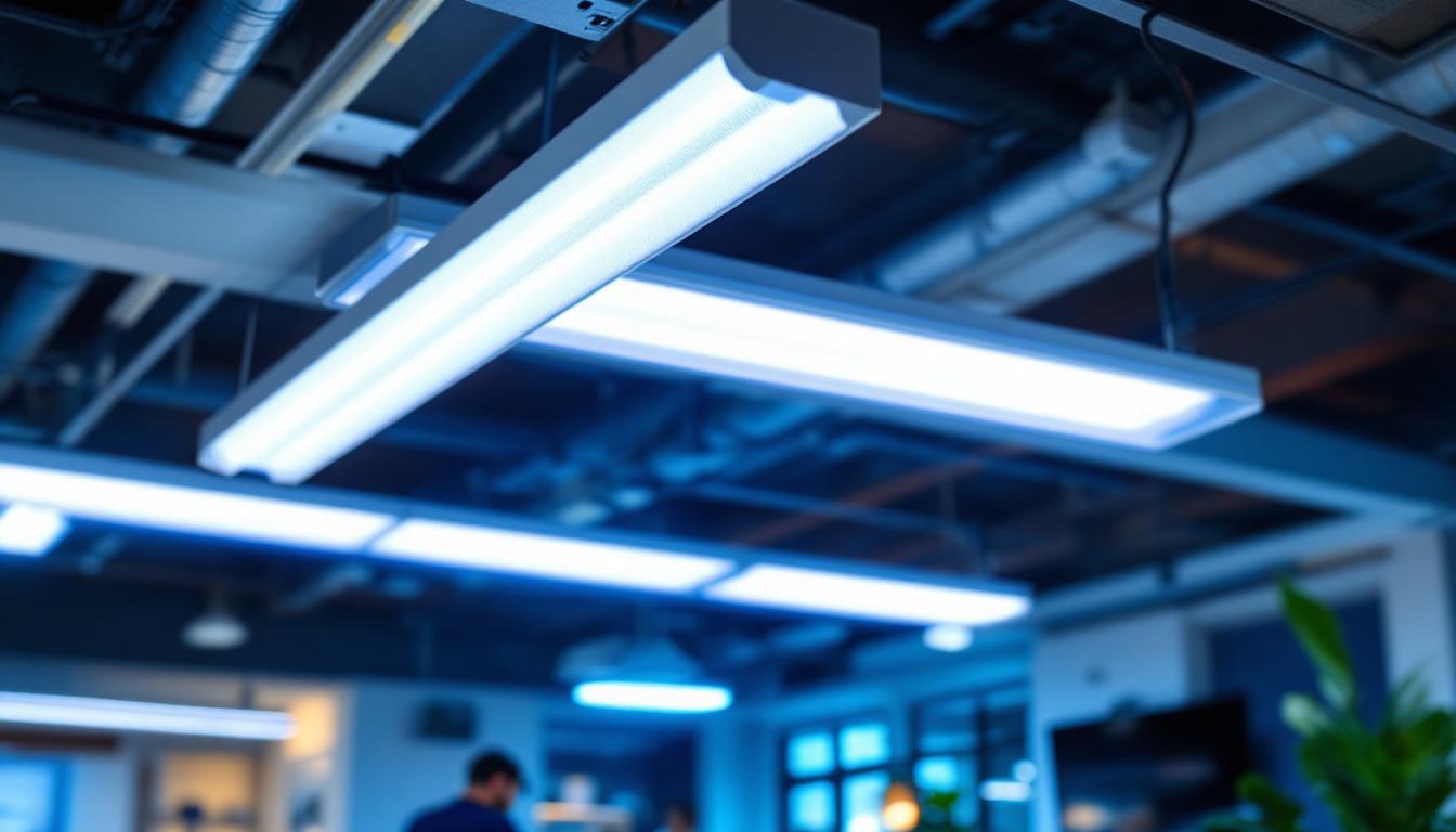 A photograph of a well-lit workspace featuring a fluorescent tube diffuser installed in a ceiling fixture