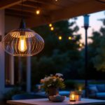 A photograph of a beautifully designed extra large outdoor hanging light fixture elegantly illuminated in a stylish outdoor setting