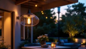 A photograph of a beautifully designed extra large outdoor hanging light fixture elegantly illuminated in a stylish outdoor setting