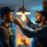 A photograph of a lighting contractor skillfully installing a stylish light fixture in a modern home setting