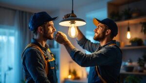 A photograph of a lighting contractor skillfully installing a stylish light fixture in a modern home setting